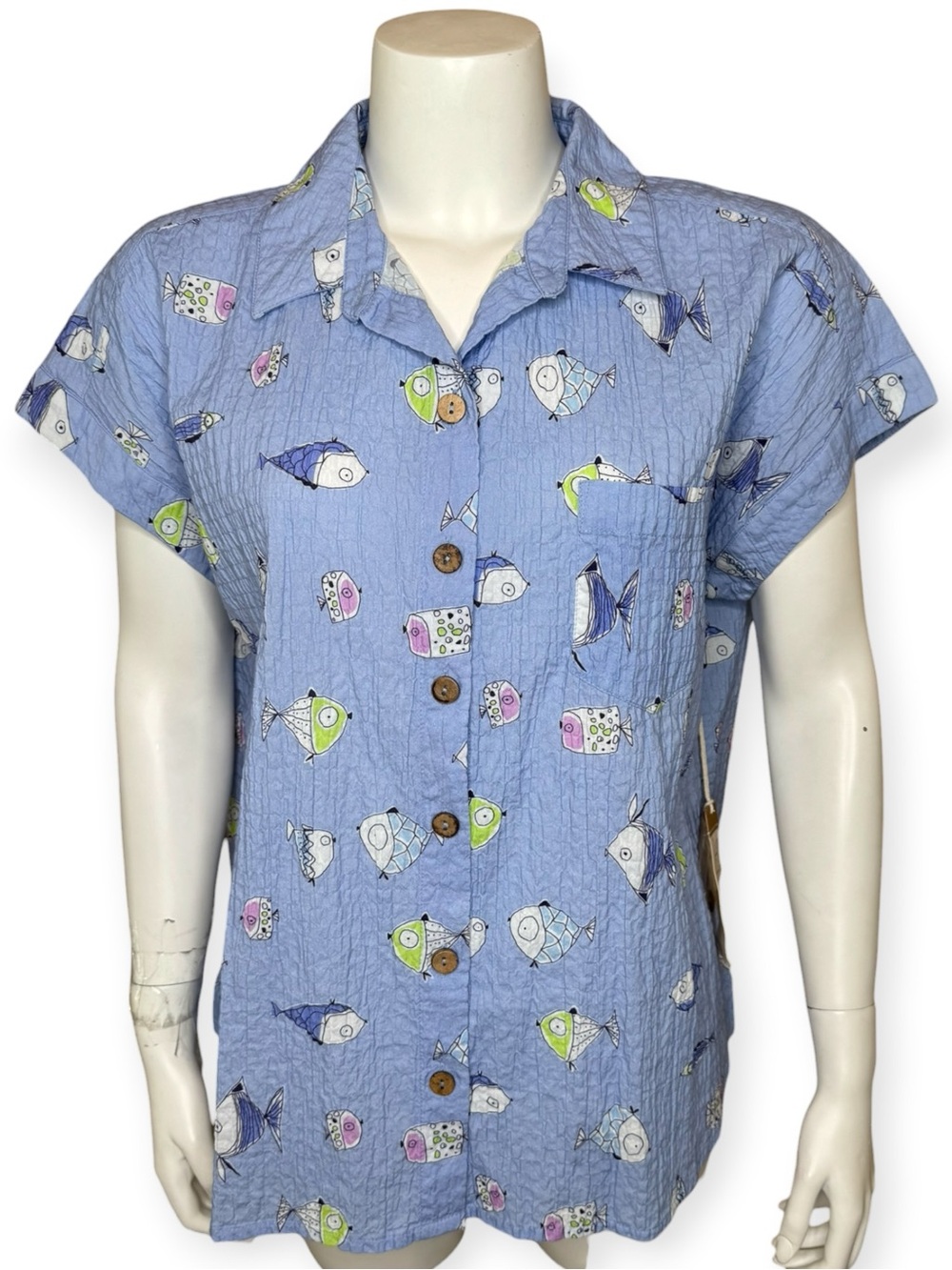 Escape by Habitat Fish-Print Button-up Shirt Top Blouse L Blue Crinkle NWT